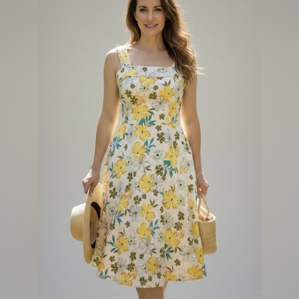 Vintage Jessica Sears Floral Cotton Sundress Yellow Retro A Line Dress 8